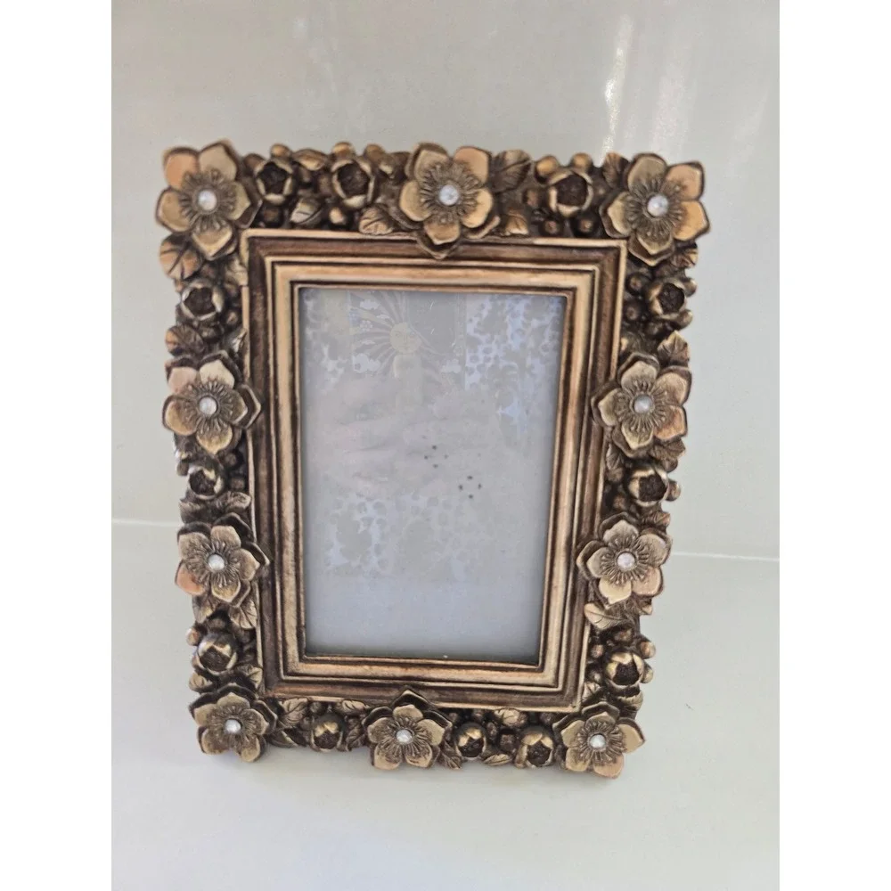 Antique Style Gold Floral Picture Frame Ornate 3D Flowers Faux Gem Accents